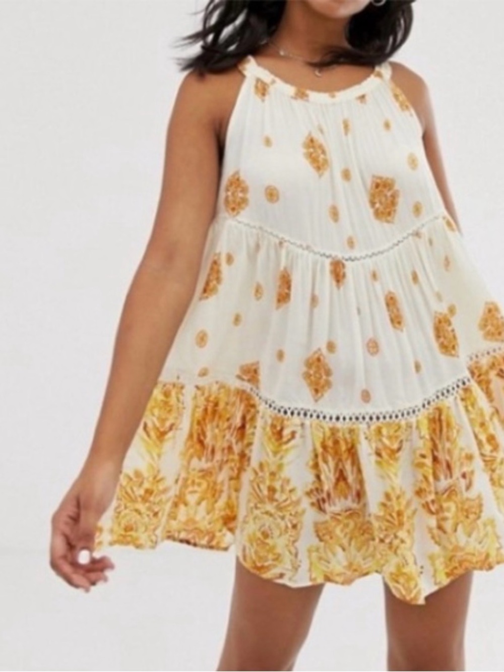 NWT $88 Free People Talk To Me Trapeze Dress Tea Combo S yellow floral boho